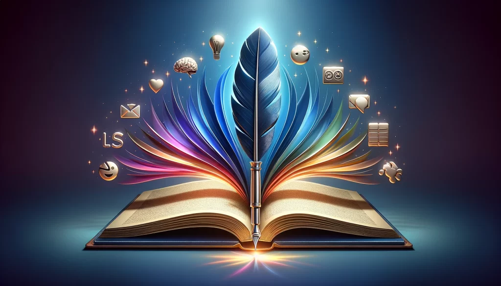 Illustration of a quill over an open book transitioning through a spectrum of colors, symbolizing various writing tones, surrounded by icons representing creativity, empathy, information, and humor.